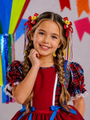 Vestido infantil Junino Arraiá Festa Vermelho Xadrez Colorido