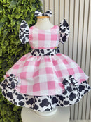 Vestido Infantil Xadrez Branco Rosa Fazendinha Vaquinha Laço