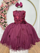 Vestido Infantil Marsala Rendado Luxo Flores em Aplique