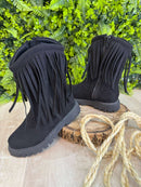 Bota Infantil Preta Boiadeira Cowgirl Franjas Camurça