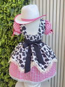 Vestido Infantil Xadrez Pink Fazendinha Vaquinha Boiadeira Laço
