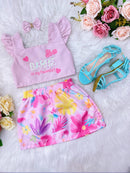 Conjunto Infantil da Barbie Rosa C/ Saia Colorido e Laço Casual