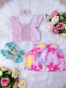 Conjunto Infantil da Barbie Rosa C/ Saia Colorido e Laço Casual