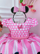 Vestido Infantil Minnie Rosa Cinto de Pérolas Princesas Bolinhas