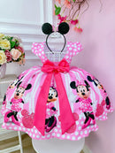 Vestido Infantil Minnie Rosa Cinto de Pérolas Princesas Bolinhas