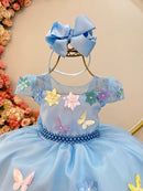 Vestido Infantil Azul C/ Aplique Borboletas e Flores Festa