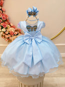 Vestido Infantil Azul C/ Aplique Borboletas e Flores Festa