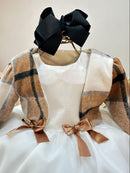 Vestido Infantil Off White Busto Strass C/ Bolero Xadrez Luxo