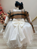Vestido Infantil Off White Busto Strass C/ Bolero Xadrez Luxo