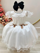 Vestido Infantil Off White Busto Strass C/ Bolero Xadrez Luxo