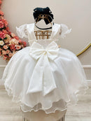 Vestido Infantil Off White Busto Strass C/ Bolero Xadrez Luxo