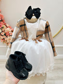 Vestido Infantil Off White Busto Strass C/ Bolero Xadrez Luxo
