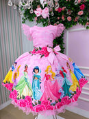Vestido Tematicos Luxo Princesas Disney Rosa Manga Tule Menina Infantil Festa Formatura Fantasia Aniversário