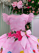 Vestido Tematicos Luxo Princesas Disney Rosa Manga Tule Menina Infantil Festa Formatura Fantasia Aniversário