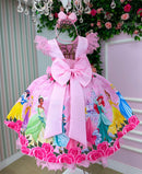 Vestido Tematicos Luxo Princesas Disney Rosa Manga Tule Menina Infantil Festa Formatura Fantasia Aniversário