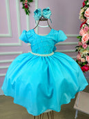 Vestido Infantil Ysa Kids Azul Verde Tiffany Peito Perolas Elegante Laço Conforto Festas Eventos