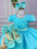 Vestido Infantil Ysa Kids Azul Verde Tiffany Peito Perolas Elegante Laço Conforto Festas Eventos