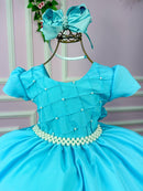 Vestido Infantil Ysa Kids Azul Verde Tiffany Peito Perolas Elegante Laço Conforto Festas Eventos
