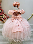 Vestido Infantil Salmão Bordado e Apliques de Flores Pérolas