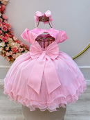 Vestido Infantil Rosa C/ Borboletas e Strass no Busto Luxo