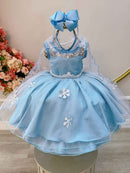 Vestido Infantil Azul Frozen Elsa Gelo C/ Capa de Luxo