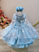 Vestido Infantil Azul Frozen Elsa Gelo C/ Capa de Luxo