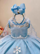 Vestido Infantil Azul Frozen Elsa Gelo C/ Capa de Luxo