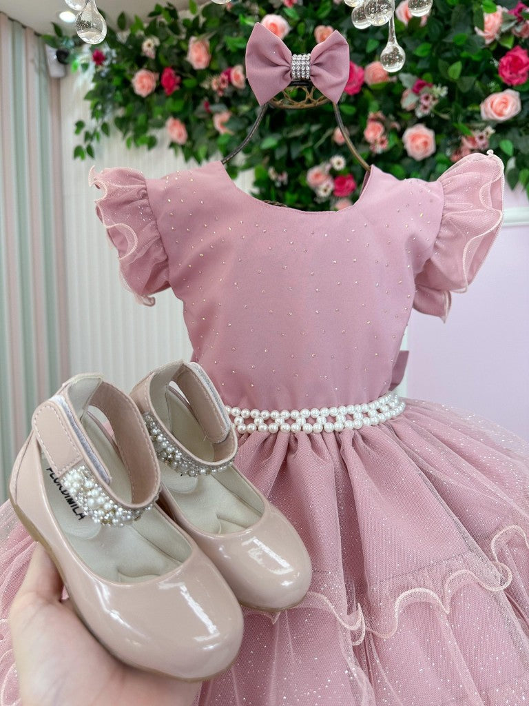 Vestido Infantil Menina Rose Babado Glitter Luxo Acompanha Laço BRINDE Casamento Daminha Formatura