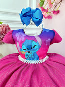 Vestido Infantil Lilo Stitch Pink e Azul Com Glitter Festas