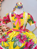 Vestido Infantil Junino Arraiá Amarelo Com Estampa Colorida