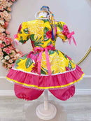 Vestido Infantil Junino Arraiá Amarelo Com Estampa Colorida