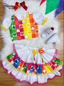 Conjunto Meninas Junino Cropped Colorido Branco C/ Mini Saia