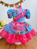 Vestido Infantil Junino Festas Azul Florzinhas Coloridas