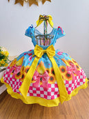 Vestido Infantil Junino Luxo Azul Girassol Colorido