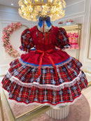 Vestido infantil Junino Arraiá Festa Vermelho Xadrez Colorido