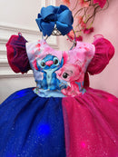 Vestido Infantil Stitch Angel Pink Azul Glitter C/ Led Colorido