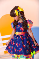 Vestido Infantil Luxo Junino Arraiá Azul Florido Colorido