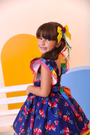 Vestido Infantil Luxo Junino Arraiá Azul Florido Colorido