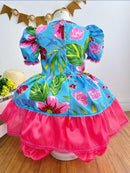 Vestido Infantil Junino Festas Azul Florzinhas Coloridas