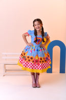 Vestido Infantil Junino Luxo Azul Girassol Colorido