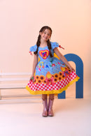 Vestido Infantil Junino Luxo Azul Girassol Colorido