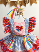 Romper Junino Azul Colorido Com Laço de Chapéuzinho
