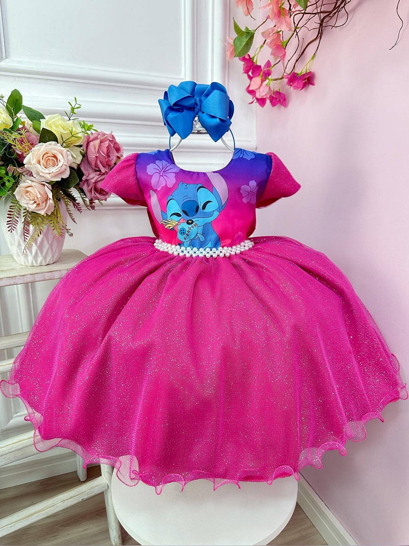 Vestido Infantil Lilo Stitch Pink e Azul Com Glitter Festas