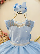 Vestido Infantil Azul Claro Pérolas Saia C/ Glitter Daminhas