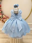 Vestido Infantil Azul Claro Pérolas Saia C/ Glitter Daminhas