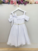 Vestido Infantil de Alça Branco Saia C/ Glitter e Broche Festas