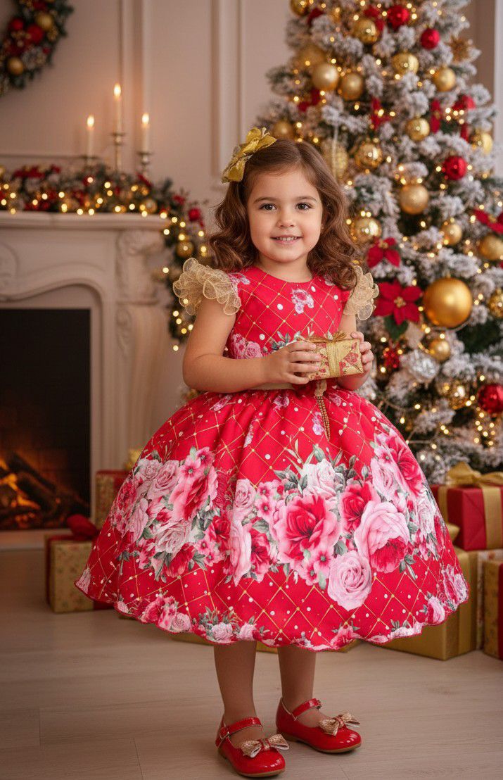 Vestido Marie Natalia Flores Vermelho - Natal festa aniversario