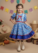 Vestido Infantil Junino Arraiá Azul Flores Coloridas