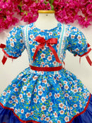 Vestido Infantil Junino Arraiá Azul Flores Coloridas
