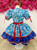 Vestido Infantil Junino Arraiá Azul Flores Coloridas